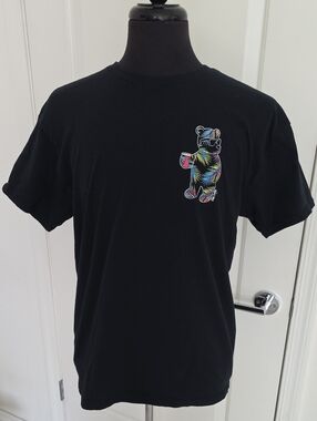 riot society Black Tee with Neon Multicolor Bear Graphic